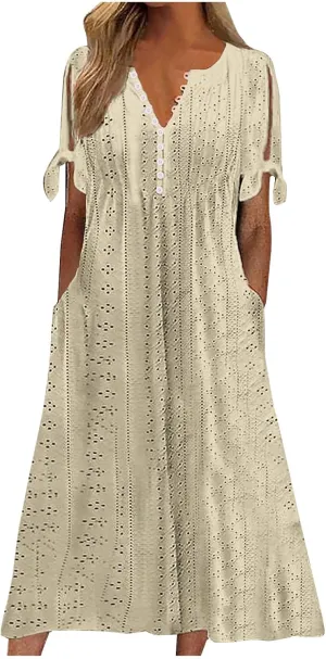 Summer Eyelet Dresses for Women 2024 with Pockets Short Sleeve Button V Neck Flowy A Line Casual Boho Midi Sun Dress