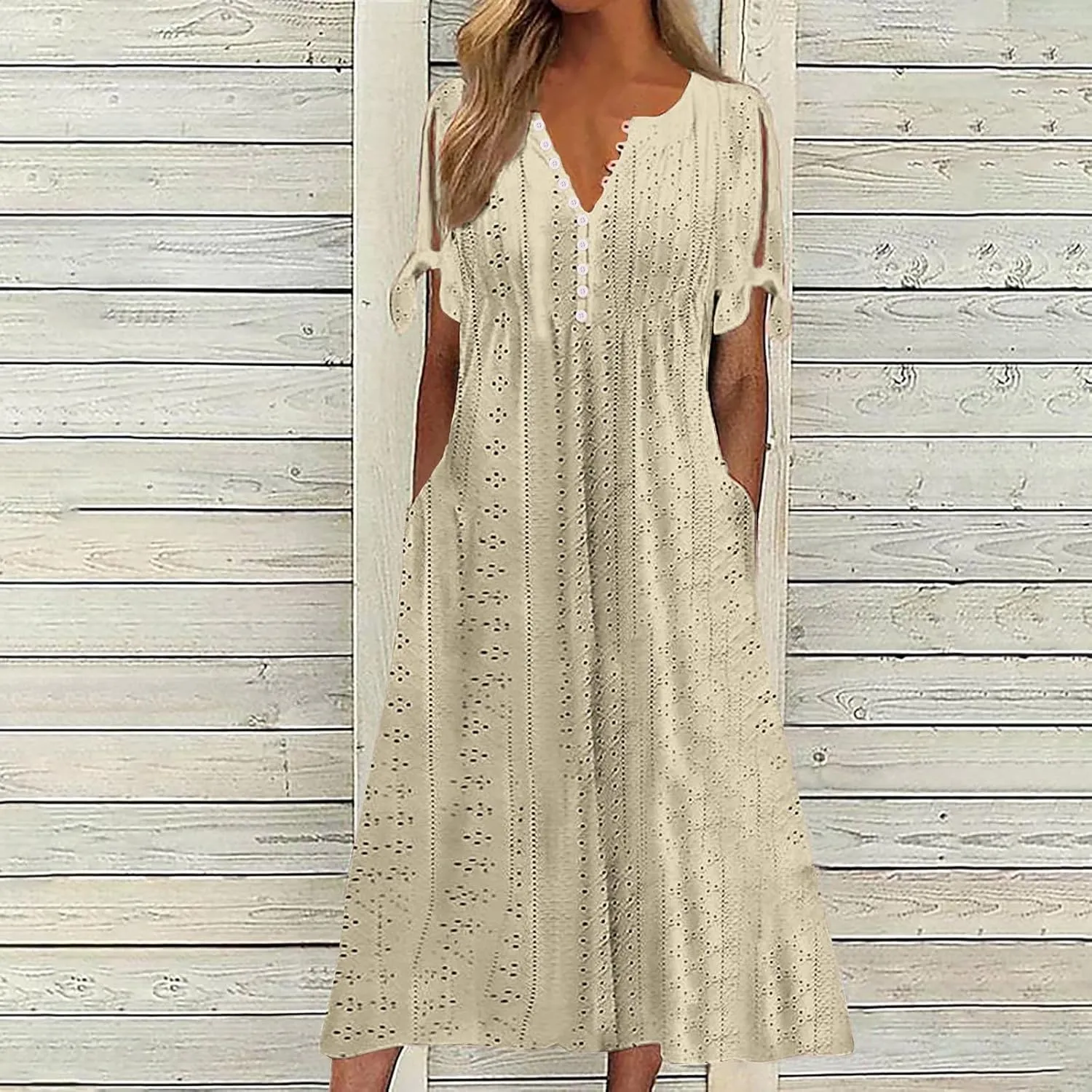 Summer Eyelet Dresses for Women 2024 with Pockets Short Sleeve Button V Neck Flowy A Line Casual Boho Midi Sun Dress