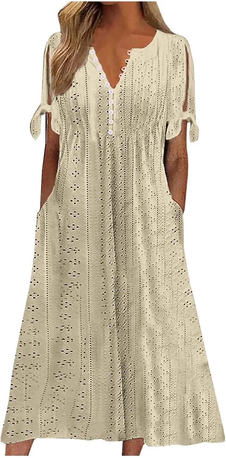 Summer Eyelet Dresses for Women 2024 with Pockets Short Sleeve Button V Neck Flowy A Line Casual Boho Midi Sun Dress