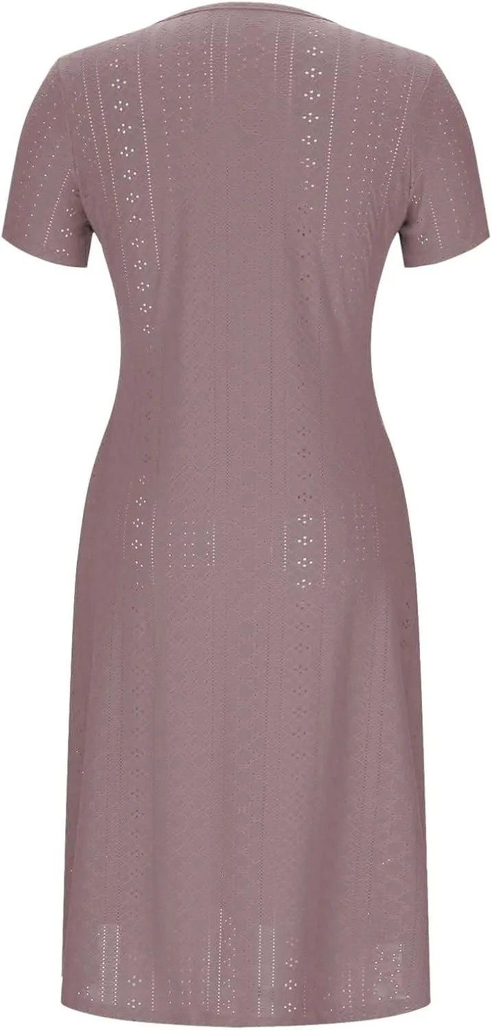 Summer Midi Dresses for Women Trendy Short Sleeve Boho Eyelet Dresses Flowy Casual Swing Beach Sundress with Pockets