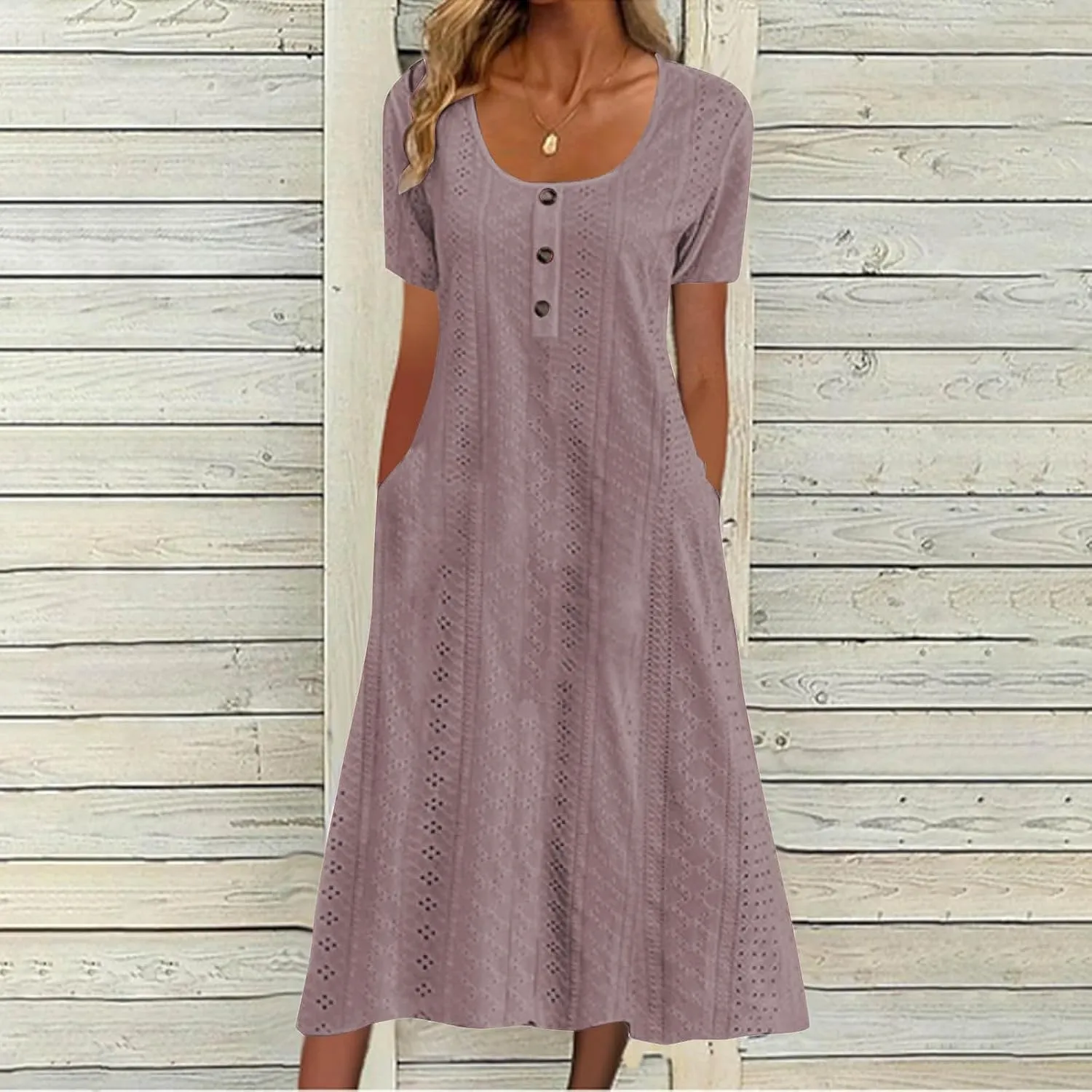 Summer Midi Dresses for Women Trendy Short Sleeve Boho Eyelet Dresses Flowy Casual Swing Beach Sundress with Pockets