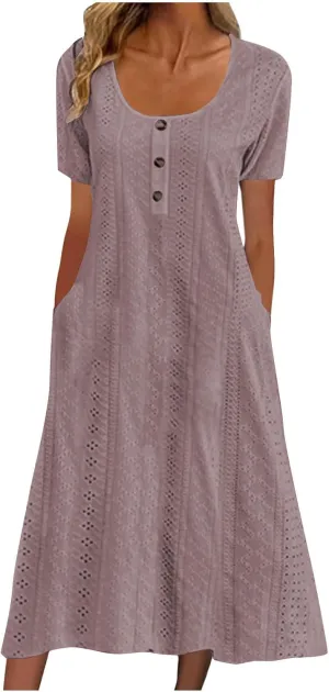 Summer Midi Dresses for Women Trendy Short Sleeve Boho Eyelet Dresses Flowy Casual Swing Beach Sundress with Pockets