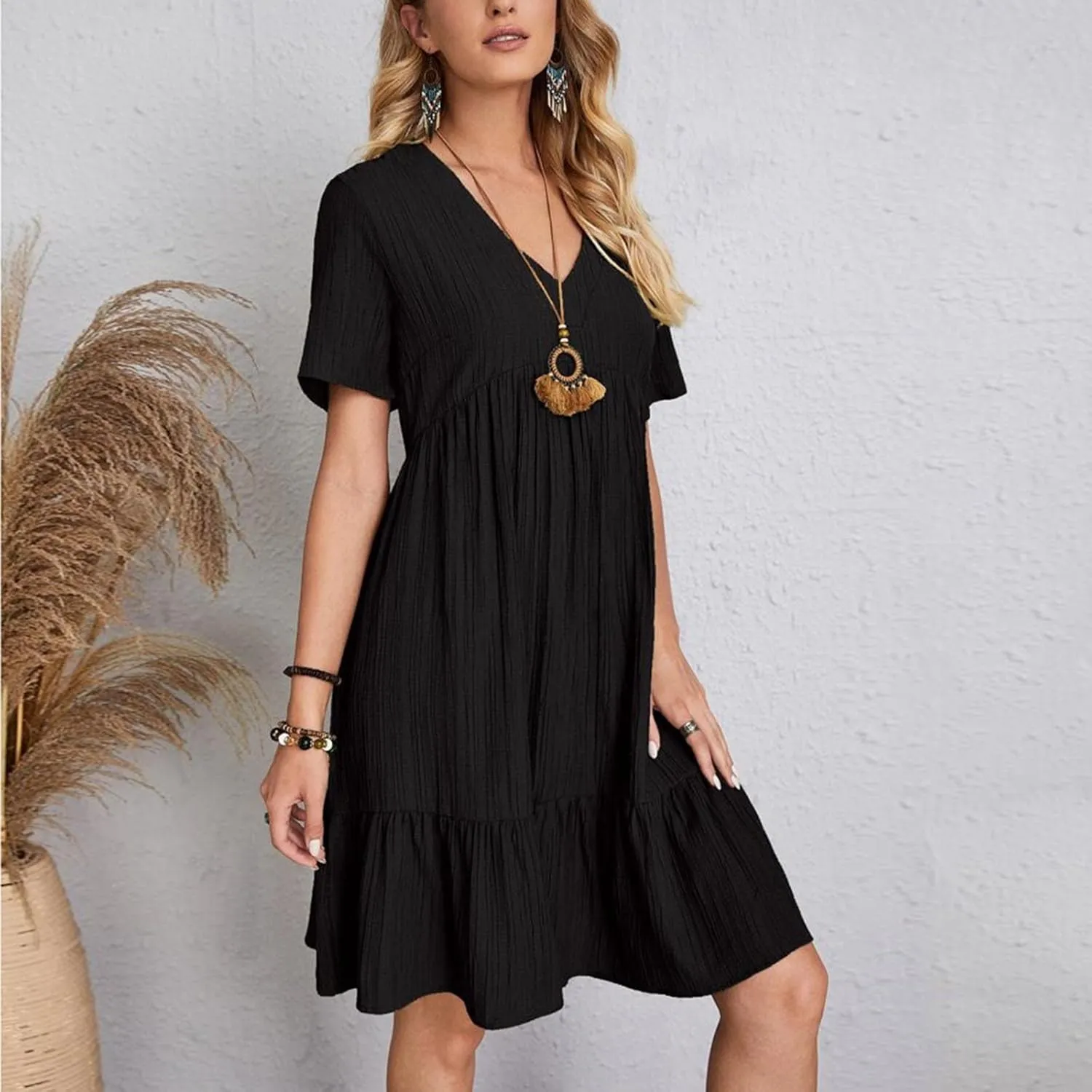 Summer Tiered Mini Dresses for Women Summer Ruffle Short Sleeve V Neck Beach Dress Swing A-Line Babydoll Dress