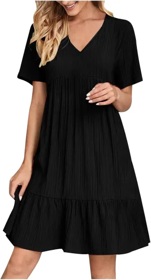Summer Tiered Mini Dresses for Women Summer Ruffle Short Sleeve V Neck Beach Dress Swing A-Line Babydoll Dress