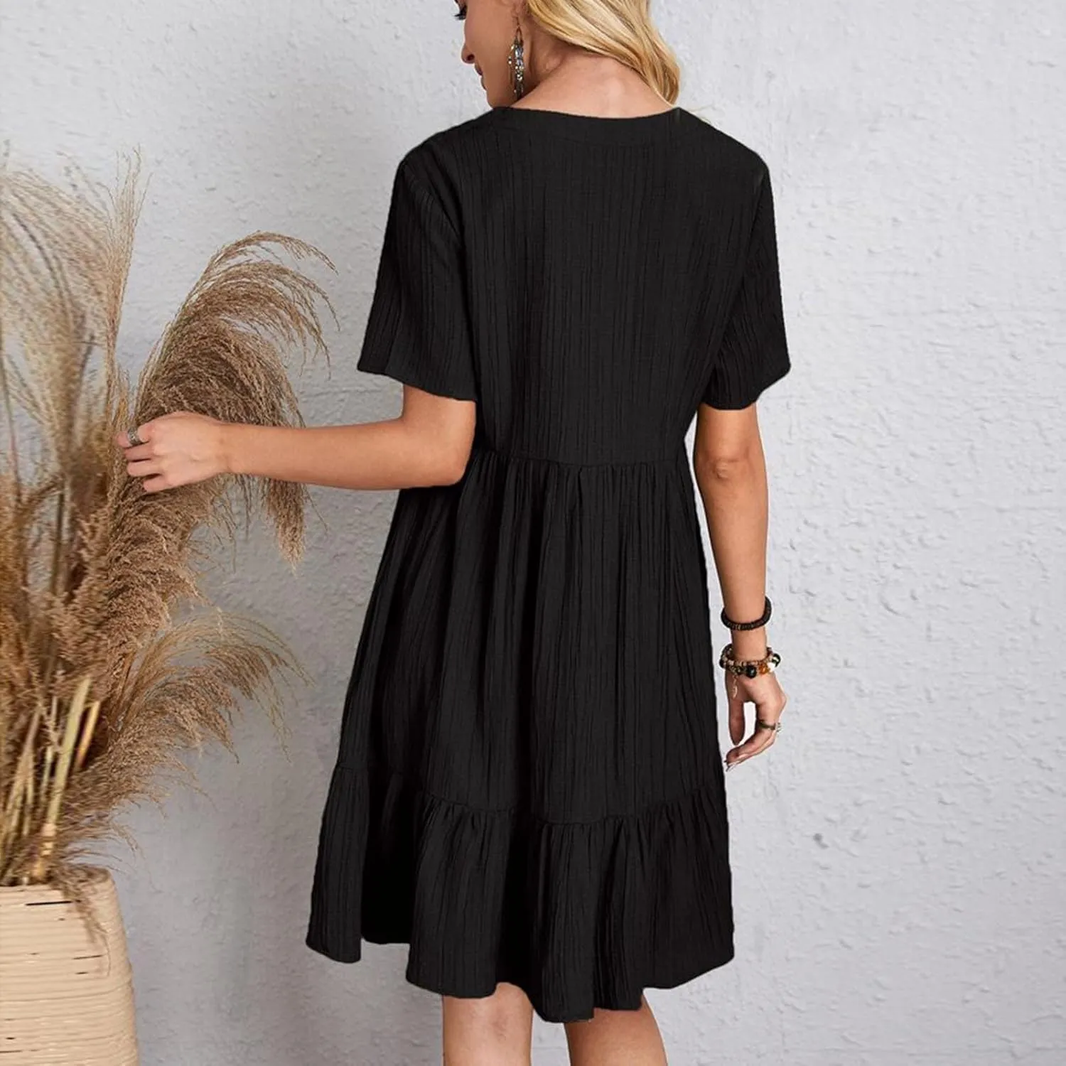 Summer Tiered Mini Dresses for Women Summer Ruffle Short Sleeve V Neck Beach Dress Swing A-Line Babydoll Dress