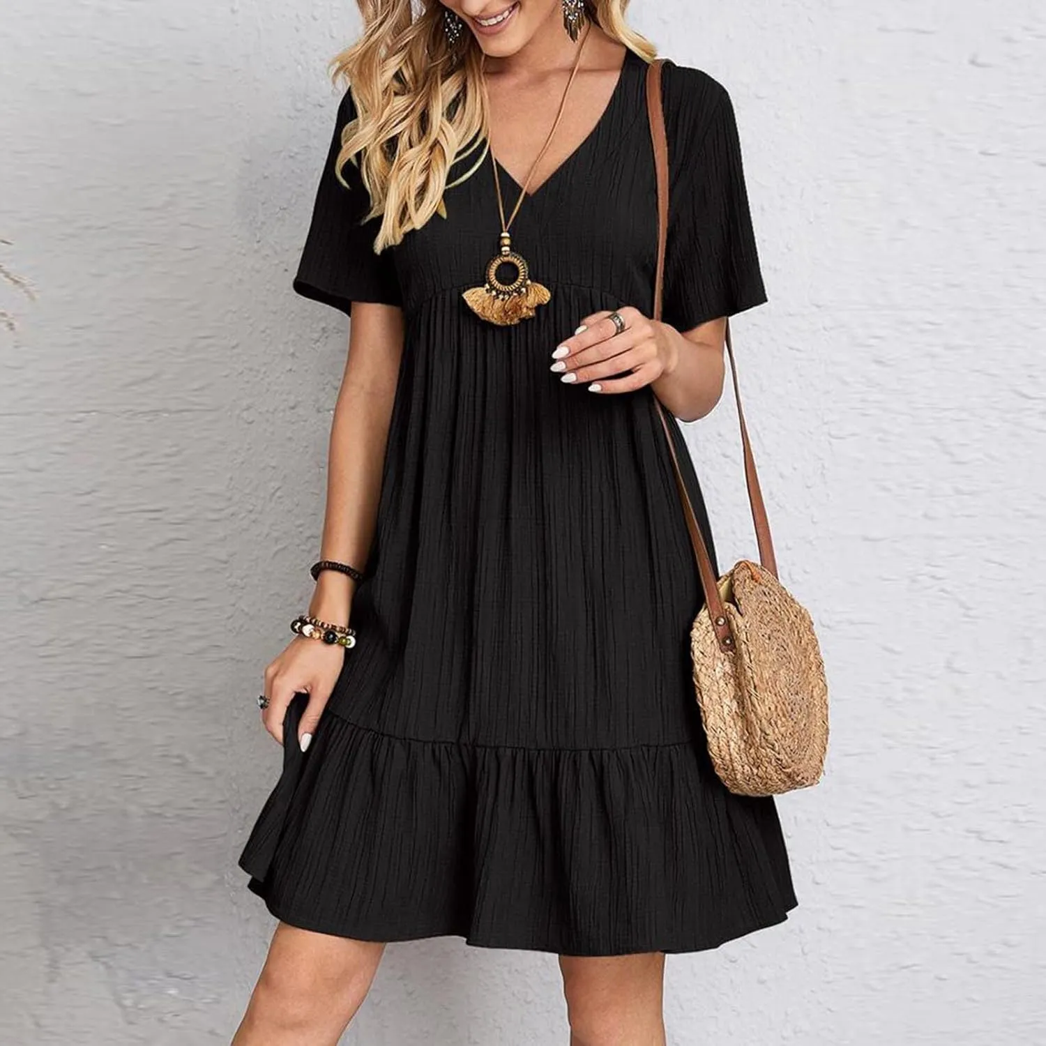 Summer Tiered Mini Dresses for Women Summer Ruffle Short Sleeve V Neck Beach Dress Swing A-Line Babydoll Dress