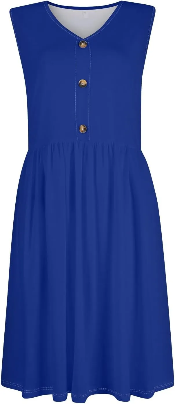 Sun Dresses for Women 2025 Summer Casual Sleeveless Button Beach Dresses Trendy Solid Color V Neck Dress with Pocket