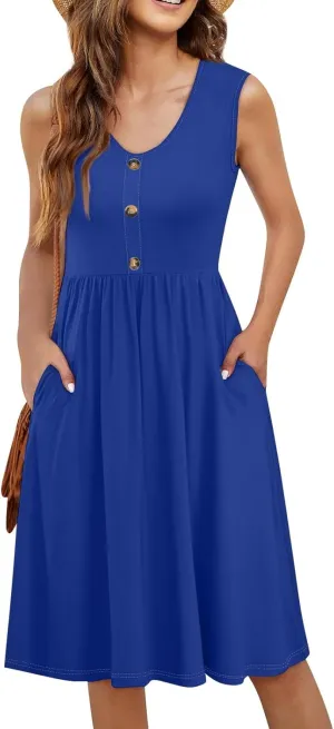 Sun Dresses for Women 2025 Summer Casual Sleeveless Button Beach Dresses Trendy Solid Color V Neck Dress with Pocket