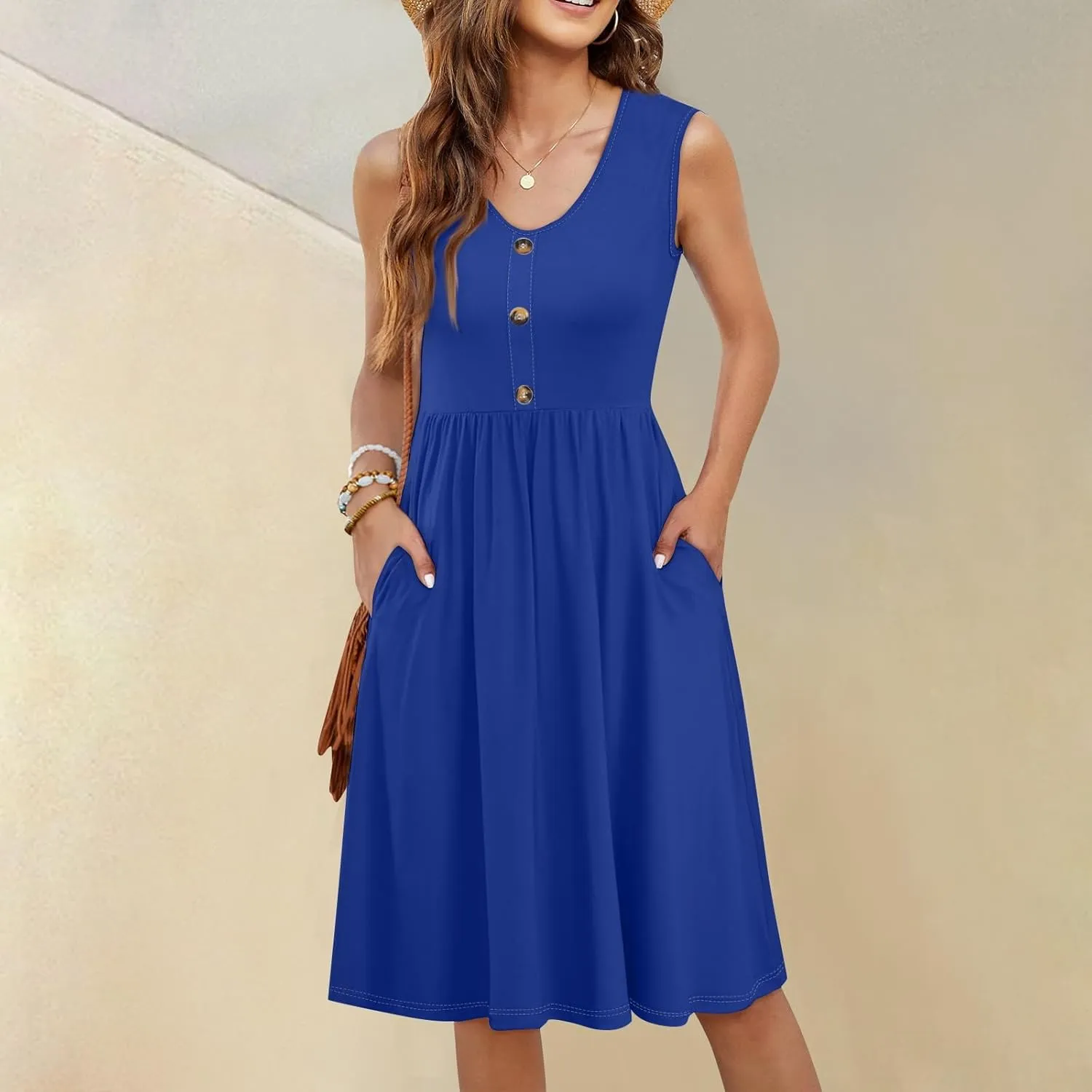 Sun Dresses for Women 2025 Summer Casual Sleeveless Button Beach Dresses Trendy Solid Color V Neck Dress with Pocket