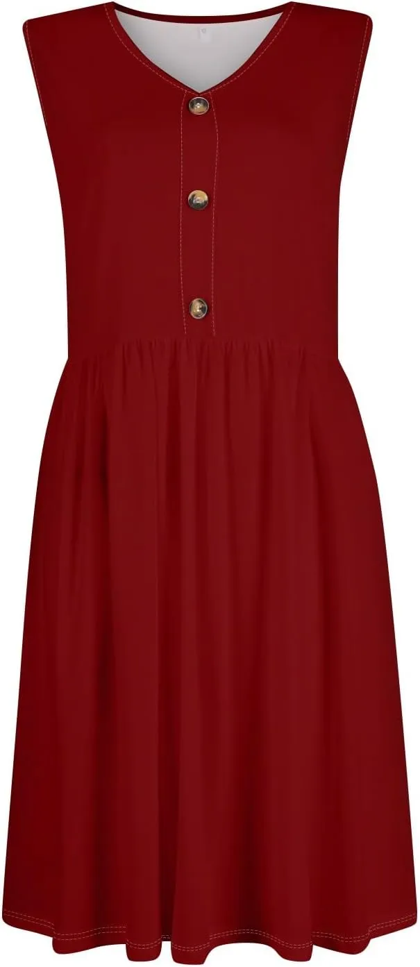 Sun Dresses for Women 2025 Summer Casual Sleeveless Button Beach Dresses Trendy Solid Color V Neck Dress with Pocket