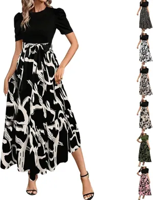 Sundresses for Women 2025 Vacation Short Sleeve Crew Neck Floral Midi Dress Womens Ruffle Maxi Dress with Belt