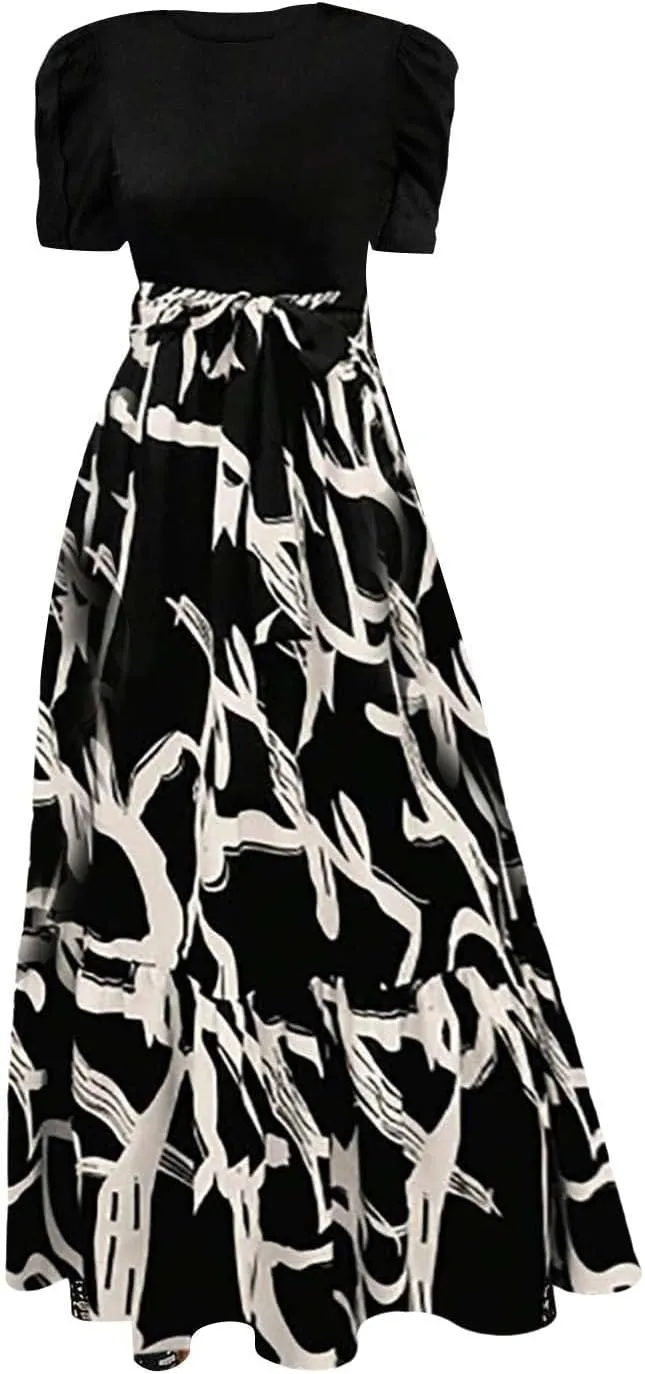 Sundresses for Women 2025 Vacation Short Sleeve Crew Neck Floral Midi Dress Womens Ruffle Maxi Dress with Belt
