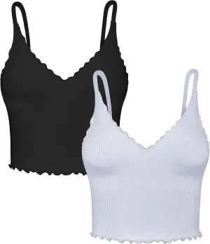 Sunzel Tank Top for Women, V Neck Seamless Ribbed Crop Camisole with Ruffles