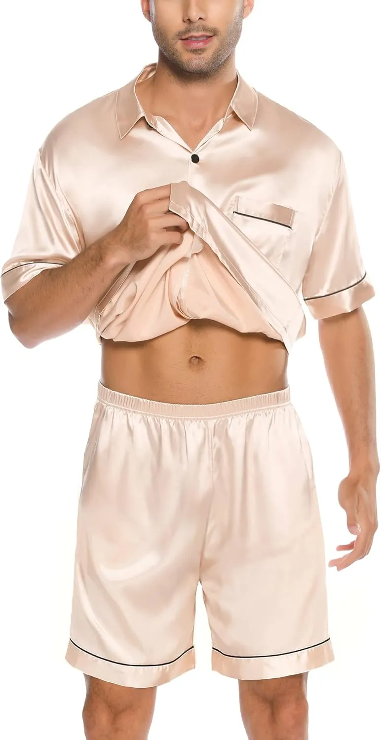 SWOMOG Men Silk Satin Pajamas Short Sleeve Pjs Set Button Down Sleepwear Soft Lounge Set Nightwear with Pockets