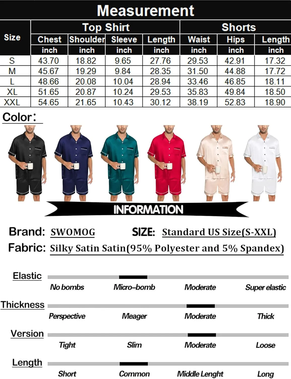 SWOMOG Men Silk Satin Pajamas Short Sleeve Pjs Set Button Down Sleepwear Soft Lounge Set Nightwear with Pockets