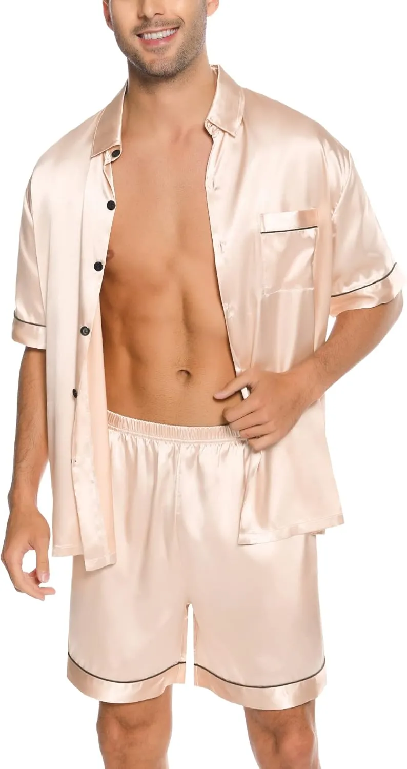 SWOMOG Men Silk Satin Pajamas Short Sleeve Pjs Set Button Down Sleepwear Soft Lounge Set Nightwear with Pockets