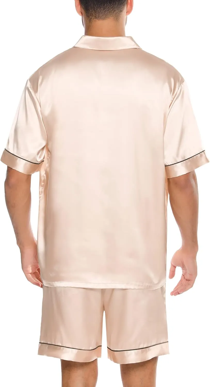 SWOMOG Men Silk Satin Pajamas Short Sleeve Pjs Set Button Down Sleepwear Soft Lounge Set Nightwear with Pockets
