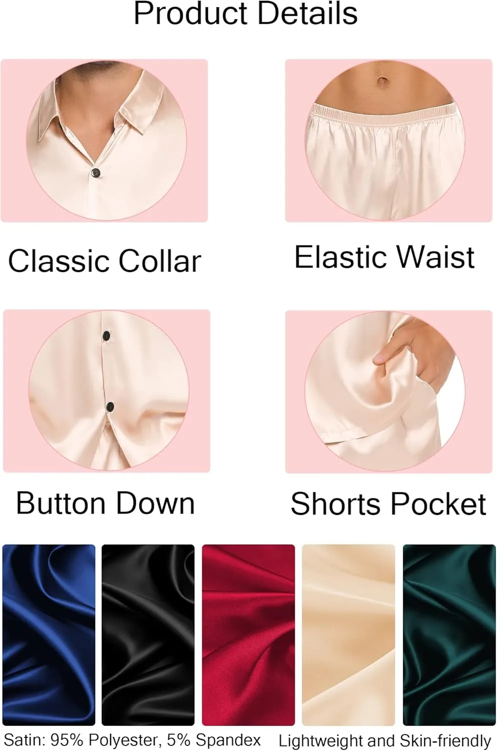 SWOMOG Men Silk Satin Pajamas Short Sleeve Pjs Set Button Down Sleepwear Soft Lounge Set Nightwear with Pockets