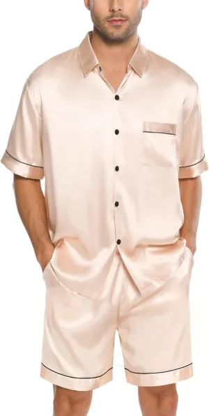 SWOMOG Men Silk Satin Pajamas Short Sleeve Pjs Set Button Down Sleepwear Soft Lounge Set Nightwear with Pockets