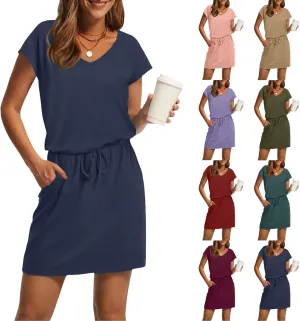 T Shirt Dresses for Women 2025 Short Sleeve V Neck Cinch Waist Dress Summer Mini Dress Casual Sundresses with Pockets
