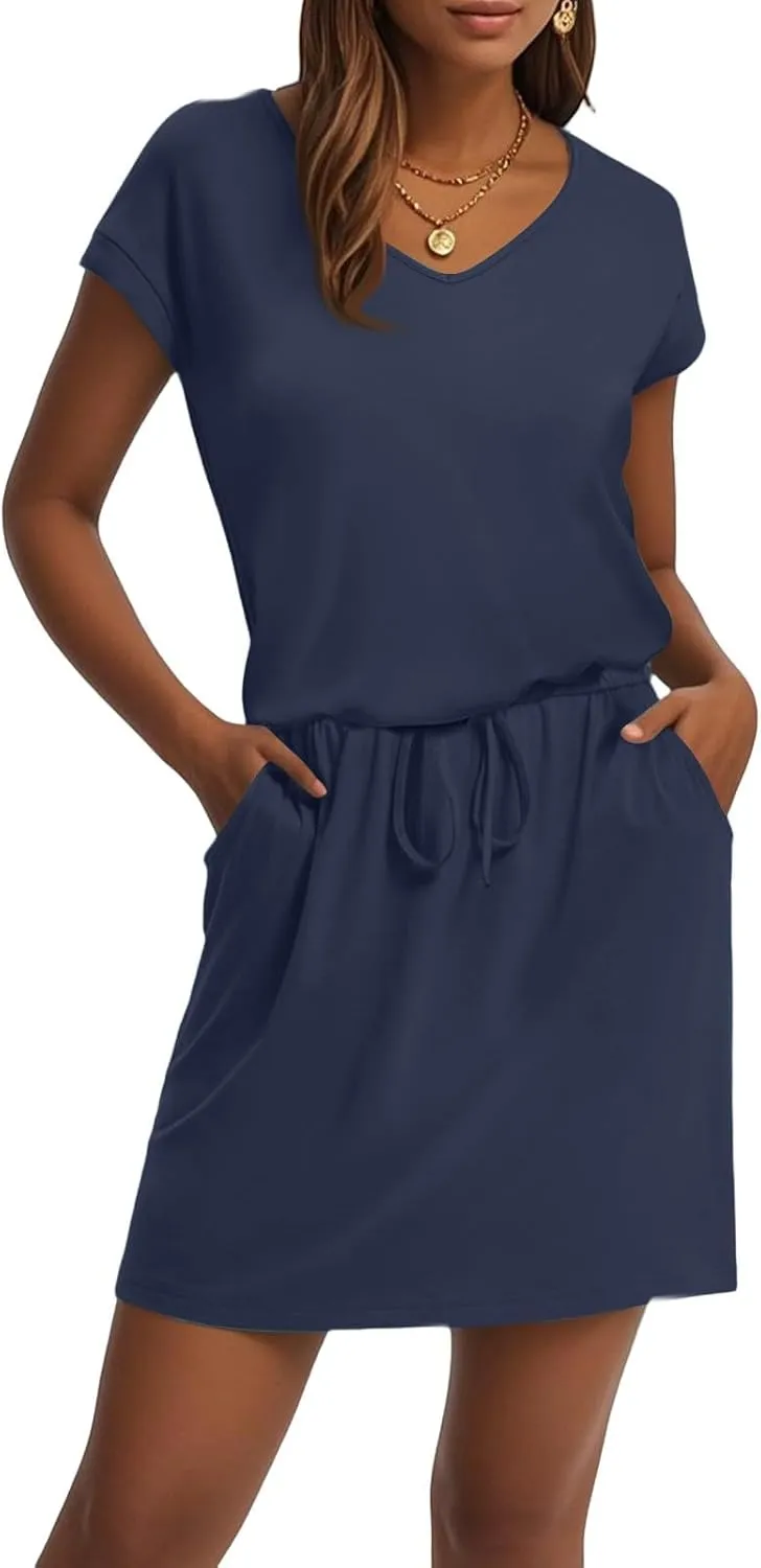 T Shirt Dresses for Women 2025 Short Sleeve V Neck Cinch Waist Dress Summer Mini Dress Casual Sundresses with Pockets