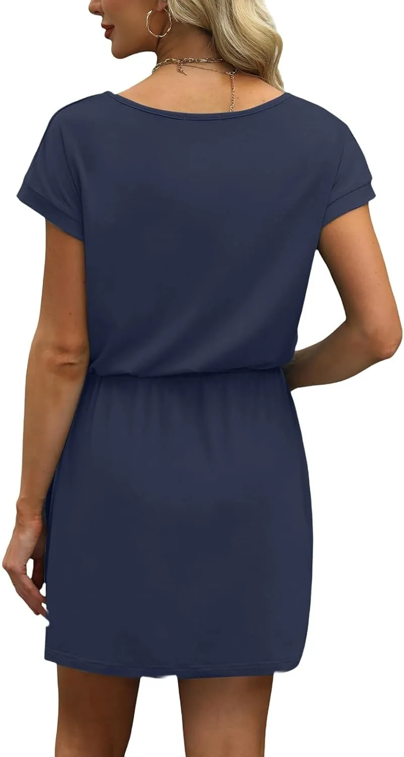 T Shirt Dresses for Women 2025 Short Sleeve V Neck Cinch Waist Dress Summer Mini Dress Casual Sundresses with Pockets
