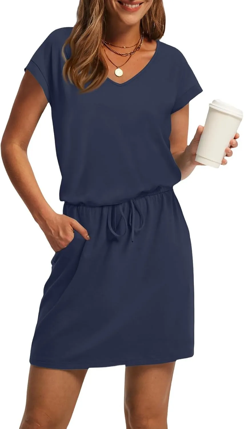 T Shirt Dresses for Women 2025 Short Sleeve V Neck Cinch Waist Dress Summer Mini Dress Casual Sundresses with Pockets