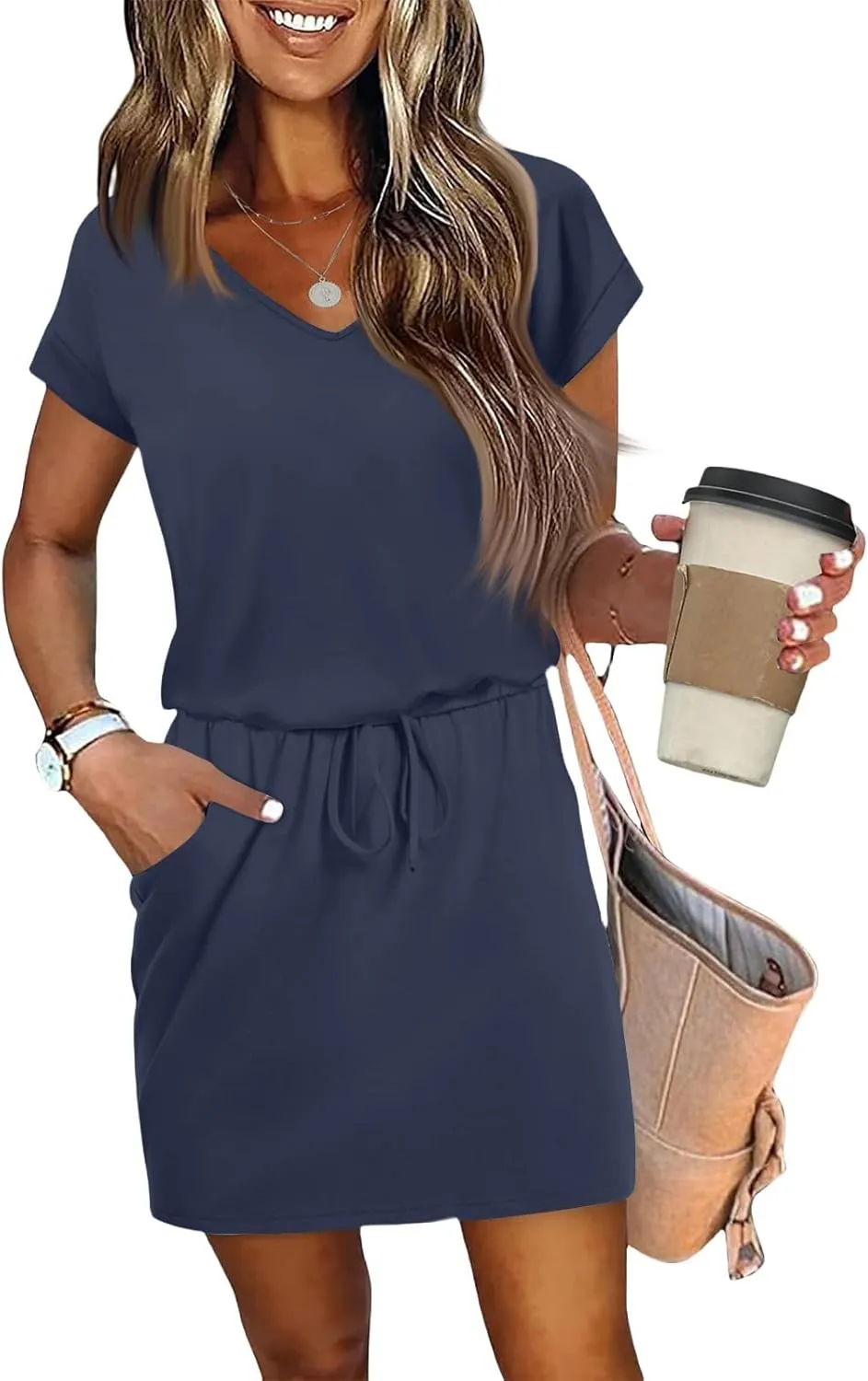 T Shirt Dresses for Women 2025 Short Sleeve V Neck Cinch Waist Dress Summer Mini Dress Casual Sundresses with Pockets