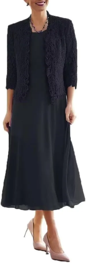 Tea Length Mother of The Bride Dresses for Wedding with Jacket Long Sleeve Lace Chiffon Formal Evening Gowns for Women