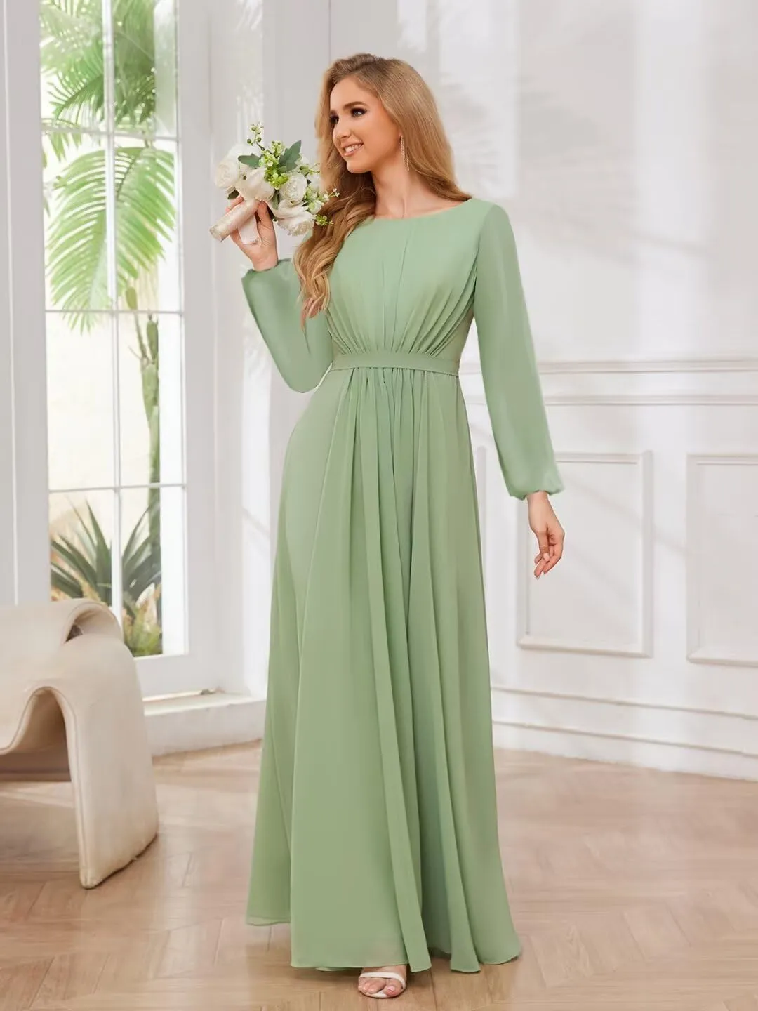 TORYEMY Chiffon Bridesmaid Dresses with Sleeves Long Formal Evening Dresses for Wedding