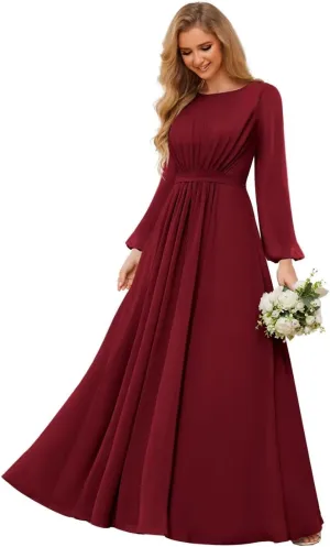 TORYEMY Chiffon Bridesmaid Dresses with Sleeves Long Formal Evening Dresses for Wedding