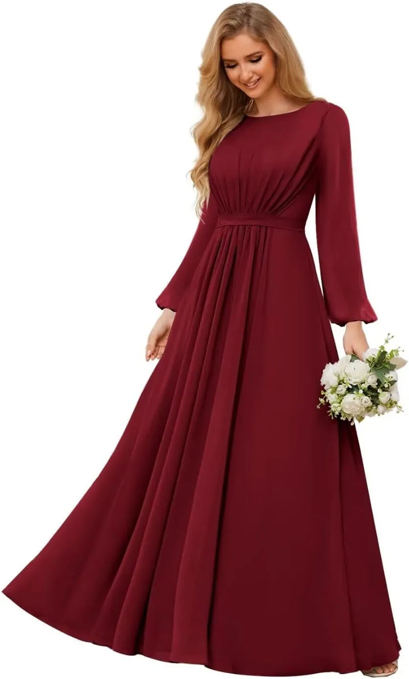 TORYEMY Chiffon Bridesmaid Dresses with Sleeves Long Formal Evening Dresses for Wedding