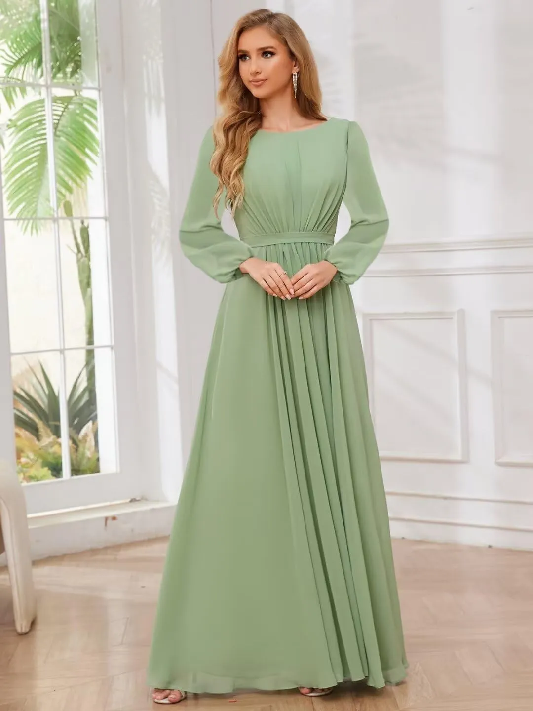 TORYEMY Chiffon Bridesmaid Dresses with Sleeves Long Formal Evening Dresses for Wedding