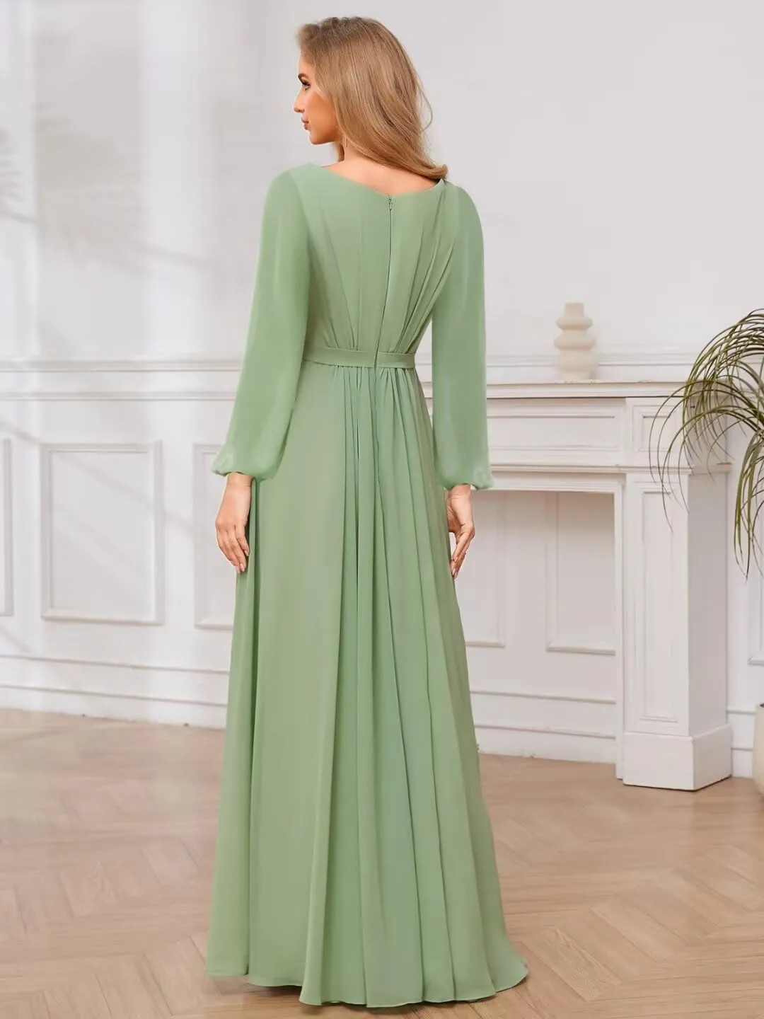 TORYEMY Chiffon Bridesmaid Dresses with Sleeves Long Formal Evening Dresses for Wedding
