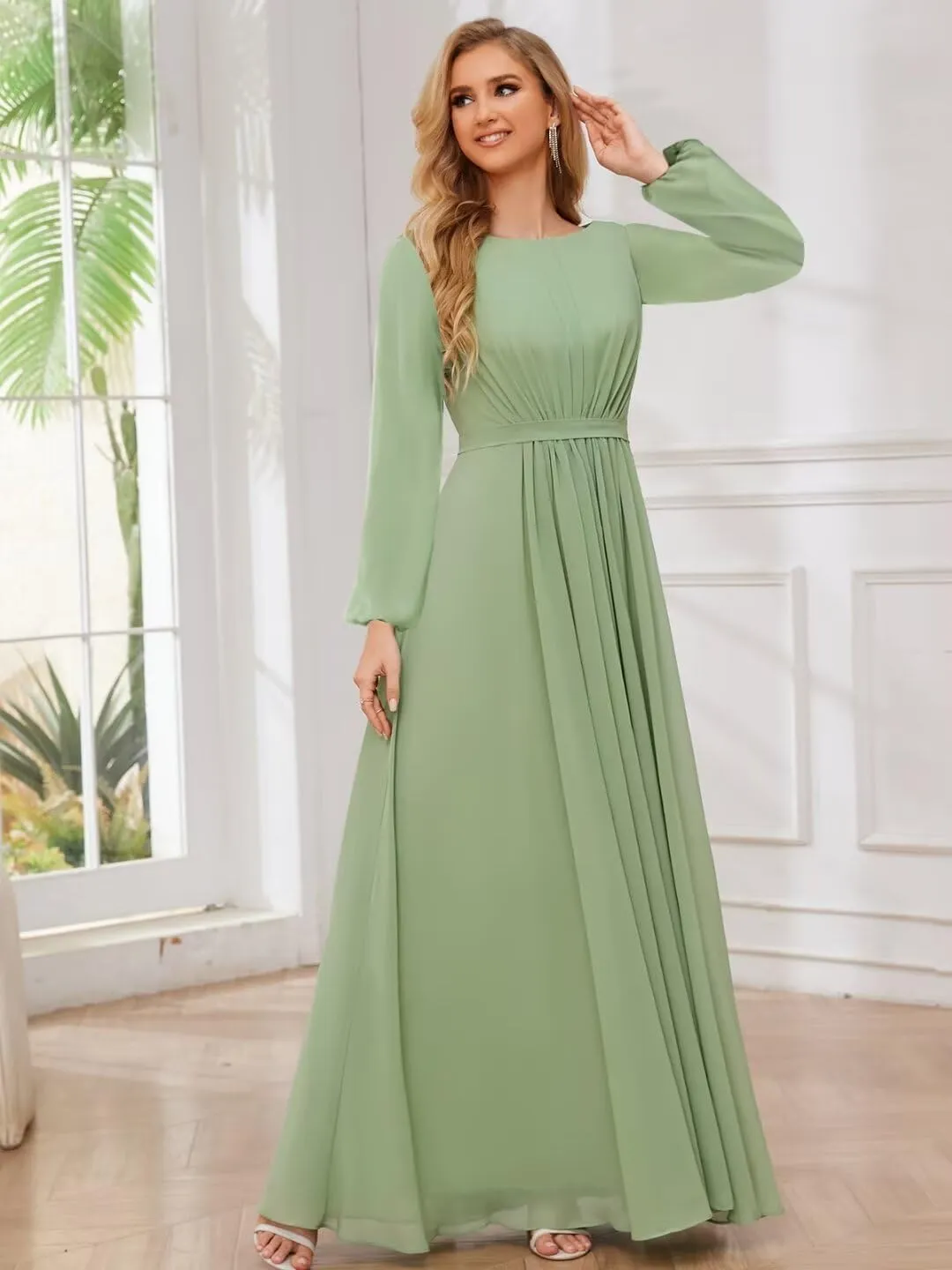 TORYEMY Chiffon Bridesmaid Dresses with Sleeves Long Formal Evening Dresses for Wedding