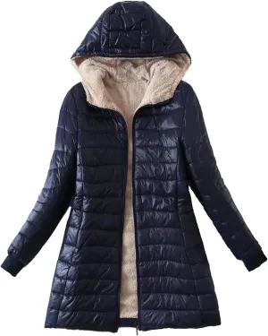 Uillui Sherpa Lined Down Coat for Women Padded Cotton Coat Warm Winter Fuzzy Fleece Puffer Jacket Hooded Quilted Snow Jacket