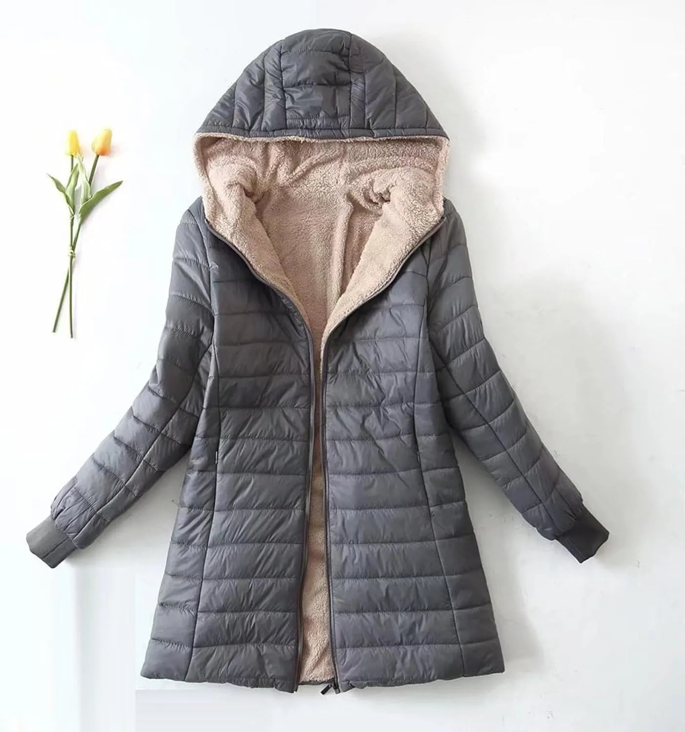 Uillui Sherpa Lined Down Coat for Women Padded Cotton Coat Warm Winter Fuzzy Fleece Puffer Jacket Hooded Quilted Snow Jacket