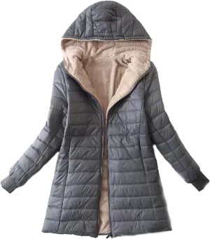 Uillui Sherpa Lined Down Coat for Women Padded Cotton Coat Warm Winter Fuzzy Fleece Puffer Jacket Hooded Quilted Snow Jacket