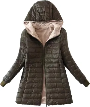Uillui Sherpa Lined Down Coat for Women Padded Cotton Coat Warm Winter Fuzzy Fleece Puffer Jacket Hooded Quilted Snow Jacket