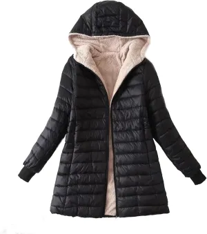 Uillui Sherpa Lined Down Coat for Women Padded Cotton Coat Warm Winter Fuzzy Fleece Puffer Jacket Hooded Quilted Snow Jacket