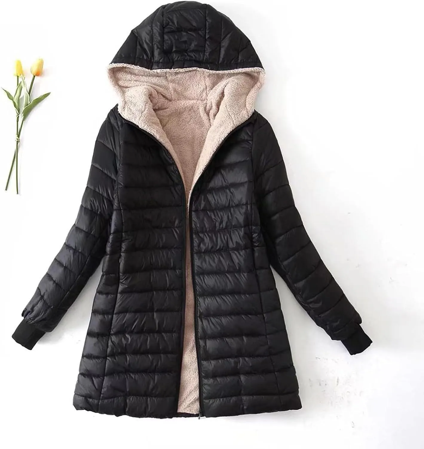 Uillui Sherpa Lined Down Coat for Women Padded Cotton Coat Warm Winter Fuzzy Fleece Puffer Jacket Hooded Quilted Snow Jacket