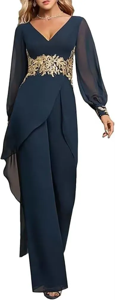 V-Neck Mother of The Bride Pant Suits for Women Asymmetrical High Low Grandmother of The Groom Jumpsuit