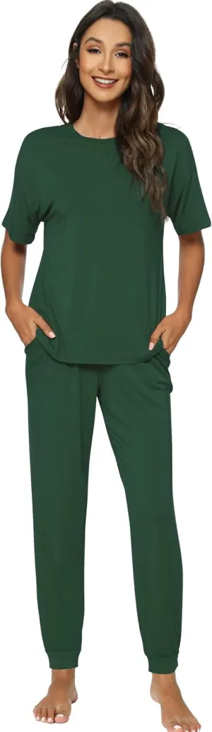 WiWi Viscose from Bamboo Pajamas Set for Women Short Sleeve Loungewear 2 Piece Outfit Long Pants Jogger Sets Pjs S-XXL