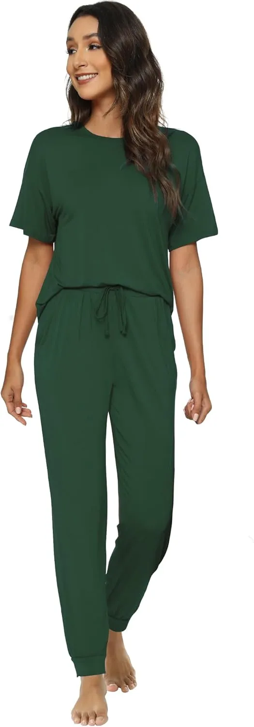 WiWi Viscose from Bamboo Pajamas Set for Women Short Sleeve Loungewear 2 Piece Outfit Long Pants Jogger Sets Pjs S-XXL
