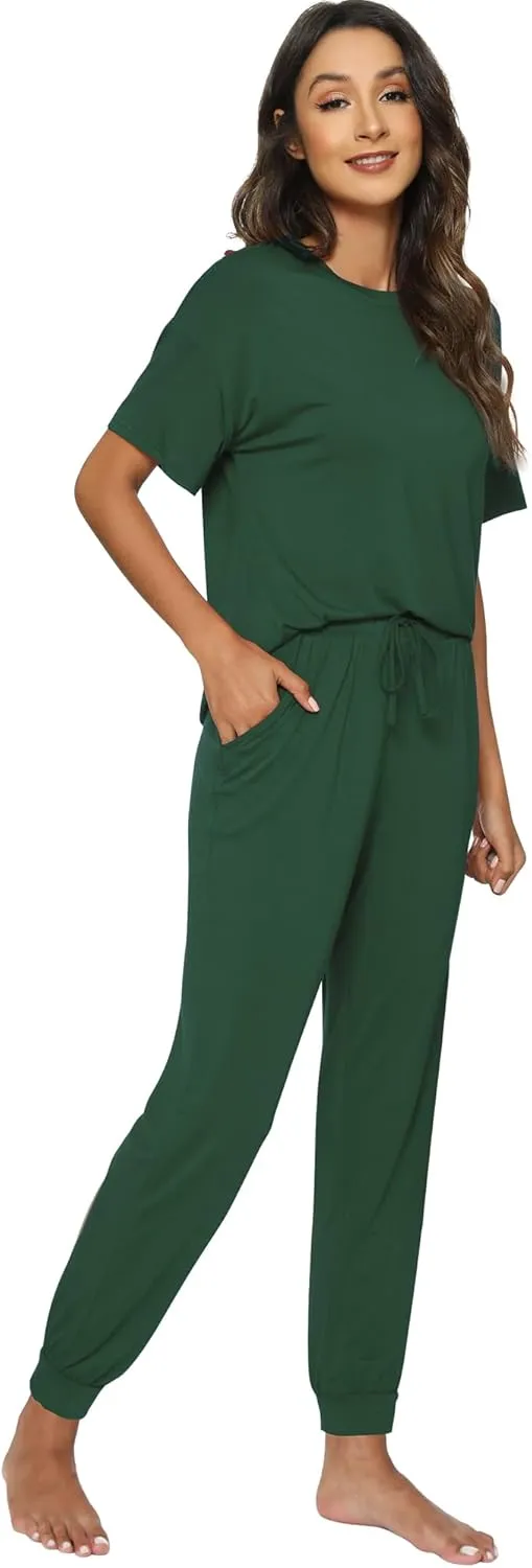 WiWi Viscose from Bamboo Pajamas Set for Women Short Sleeve Loungewear 2 Piece Outfit Long Pants Jogger Sets Pjs S-XXL