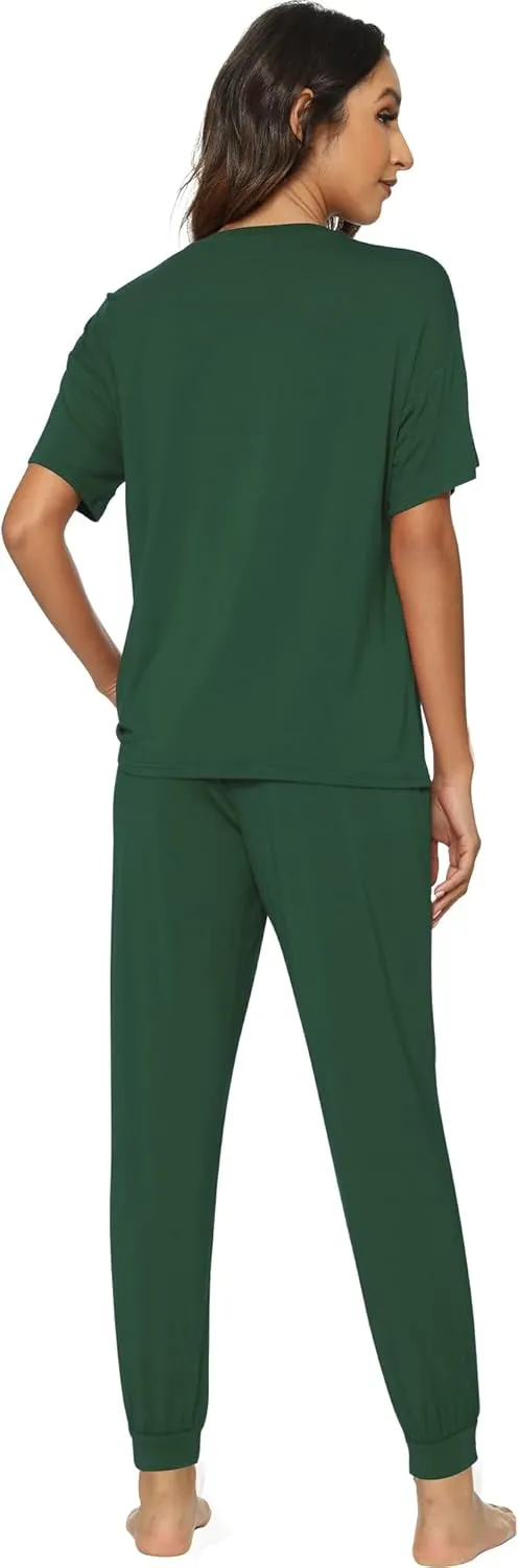 WiWi Viscose from Bamboo Pajamas Set for Women Short Sleeve Loungewear 2 Piece Outfit Long Pants Jogger Sets Pjs S-XXL