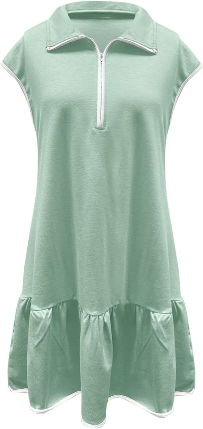 Women Dresses Casual Spring Summer Colorblock Cap Sleeve Half Zip Patchwork Tunic Mini Dress Flowy Swing Ruffles Dress