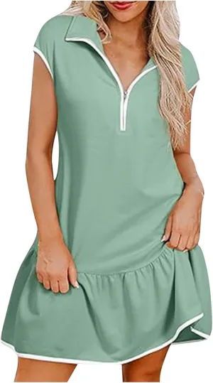 Women Dresses Casual Spring Summer Colorblock Cap Sleeve Half Zip Patchwork Tunic Mini Dress Flowy Swing Ruffles Dress