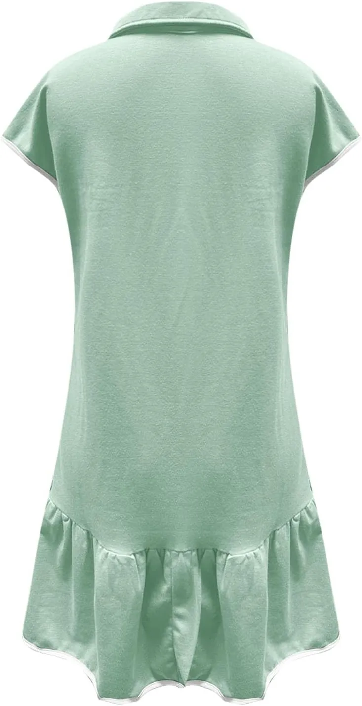 Women Dresses Casual Spring Summer Colorblock Cap Sleeve Half Zip Patchwork Tunic Mini Dress Flowy Swing Ruffles Dress