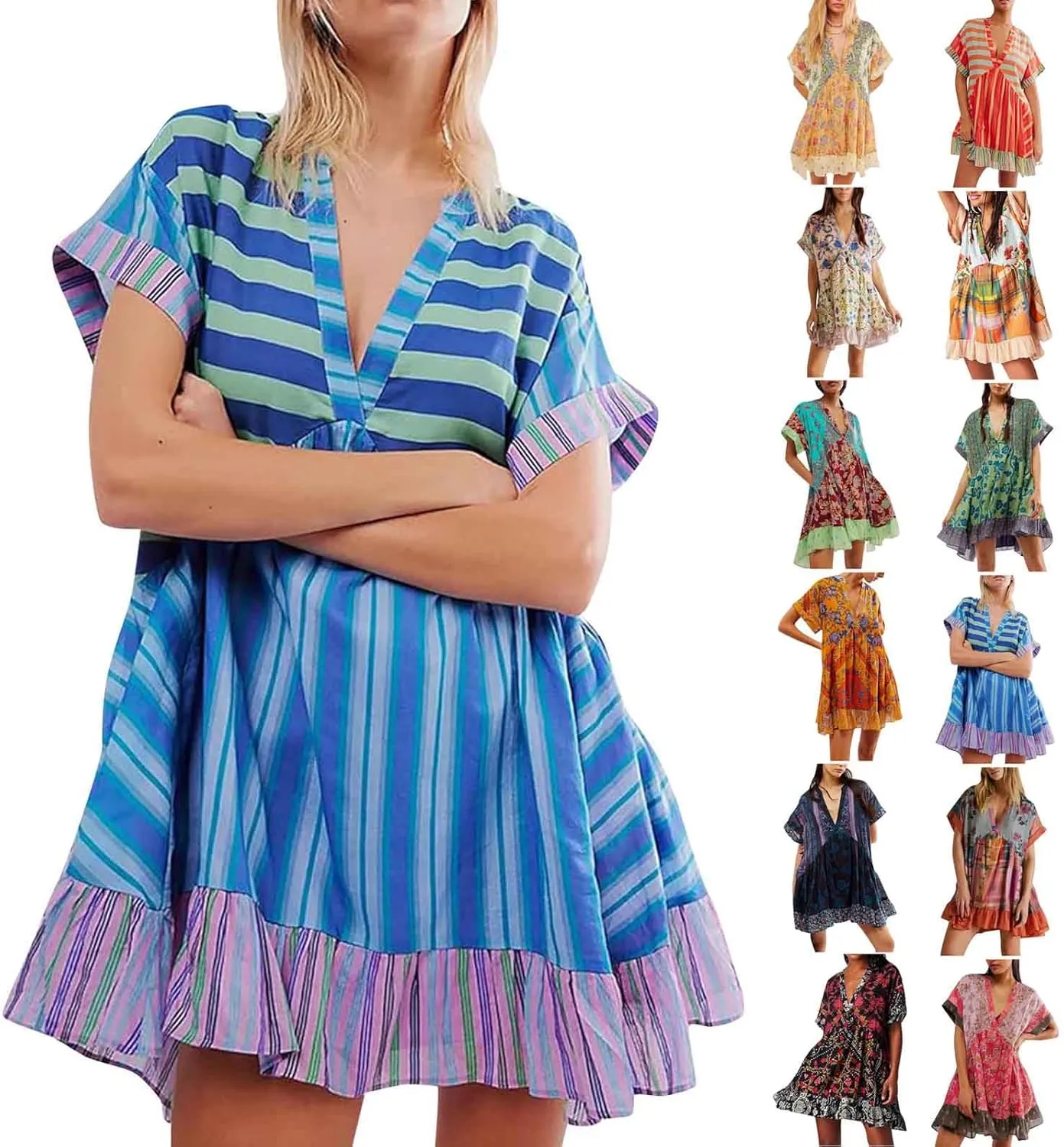Women Floral Boho Summer Dresses Deep V Neck Short Sleeve Mini Beach Dress Ruffle Flowy Babydoll Short Sun Dress